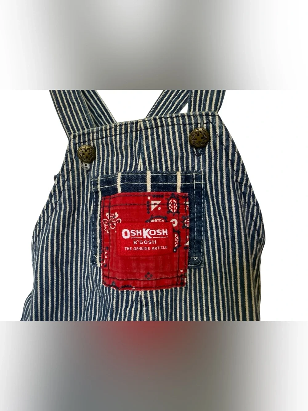 Vintage Oshkosh Train Conductor Striped Denim Overalls 18 Months Bandanna